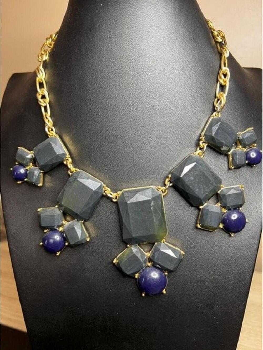 B5257 Kate Spade New York Swirl Around bib statement Necklace 16-19" blue grey